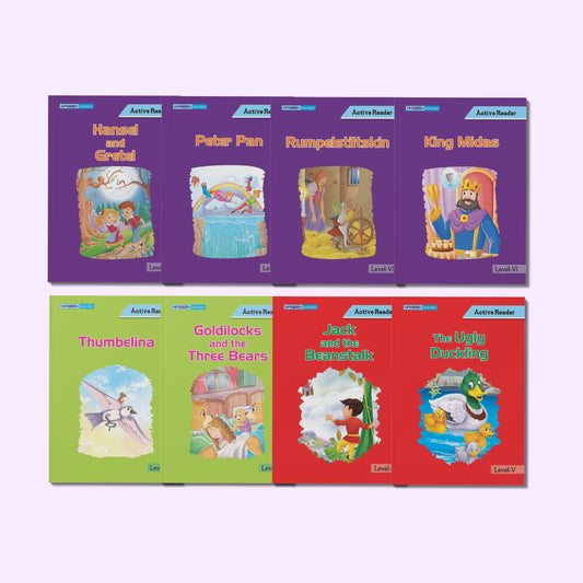 Active Reader Level Fairytales & Moral Stories Combo for Kids | Hansel and Gretel, Peter Pan, Rumpelstiltskin, King Midas, Thumbelina, Goldilocks and the Three Bears, Jack and the Beanstalk, The Ugly Duckling | Illustrated Story Books Collection