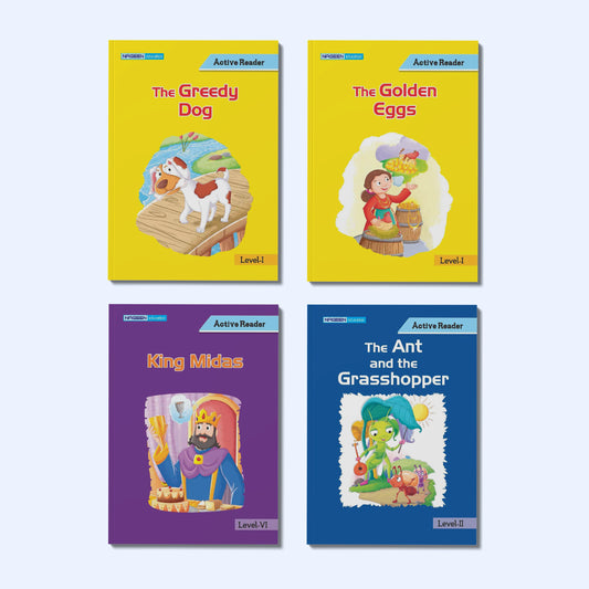 Active Reader Level I, II & VI Moral Story Books Combo for Kids | The Greedy Dog, The Golden Eggs, King Midas, The Ant and the Grasshopper | Illustrated Fables Collection for Children