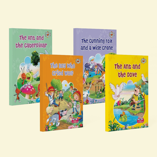 Bedtime Story 4 Book Combos The Ant and the Caterpillar, Dove, The Boy Who Cried Wolf, The Cunning Fox and a Wise Crane for Kids Ages 4-11 Years - Nageen Prakashan