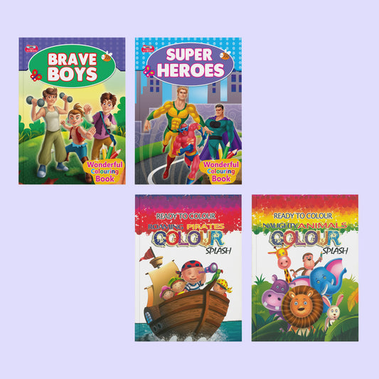 Coloring Books Combo for Boys 5 to 8 Years | Set of 4 Books | Ideal Gift for Boys | Includes Brave Boys, Super Heroes, Beach, Park, Zoo, Animals, and Pirates - Nageen Prakashan