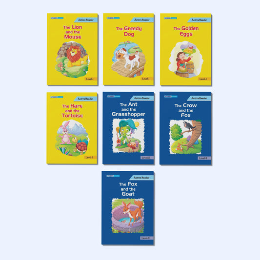 Active Reader Moral Story Books Combo for Kids | The Lion and the Mouse, The Greedy Dog, The Golden Eggs, The Hare and the Tortoise, The Ant and the Grasshopper, The Crow and the Fox, The Fox and the Goat | Illustrated Fables Collection for Children