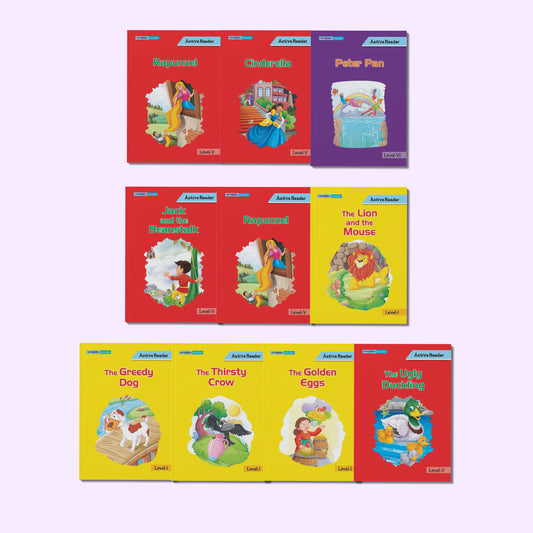 Active Reader Moral Stories & Fairy Tales Combo for Kids | Rapunzel, Cinderella, Peter Pan, Jack and the Beanstalk, The Lion and the Mouse, The Greedy Dog, The Thirsty Crow, The Golden Eggs, The Ugly Duckling | Illustrated Story Books Collection