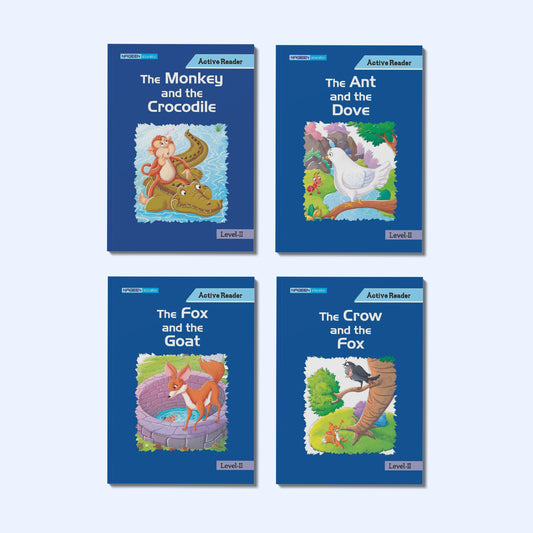 Active Reader Level II Moral Story Books Combo for Kids | The Monkey and the Crocodile, The Ant and the Dove, The Fox and the Goat, The Crow and the Fox | Illustrated Fables Collection for Children