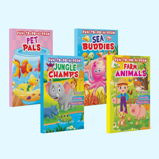 Fun to Do N Draw Activity Book Combo for Kids - Set of 4 Books - Farm Animals, Jungle Champs, Pet Pals, and Sea Buddies - Nageen Prakashan