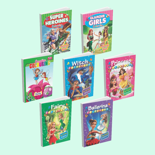 Coloring and Drawing Books Combo for Girls 5 to 8 Years | Set of 7 Books- Ballerinas, Fairies, Princesses, Witches, Glamour Girls, and Super Heroines - Nageen Prakashan