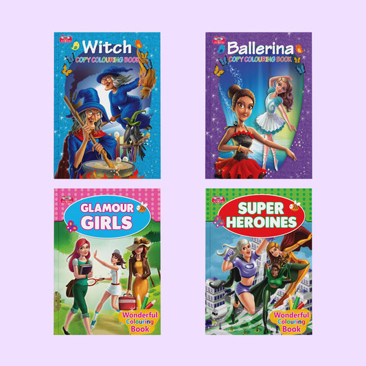 Coloring and Drawing Books Combo for Girls 5 to 8 Years | Set of 4 Books | Ideal Gift for Girls | Includes Ballerina,  Witch, Glamour Girls, and Super Heroines - Nageen Prakashan